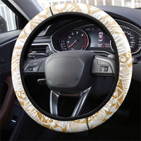 White and Gold Polynesia Steering Wheel Cover Plumeria Tattoo With Polynesian Pattern LT14 - Polynesian Pride