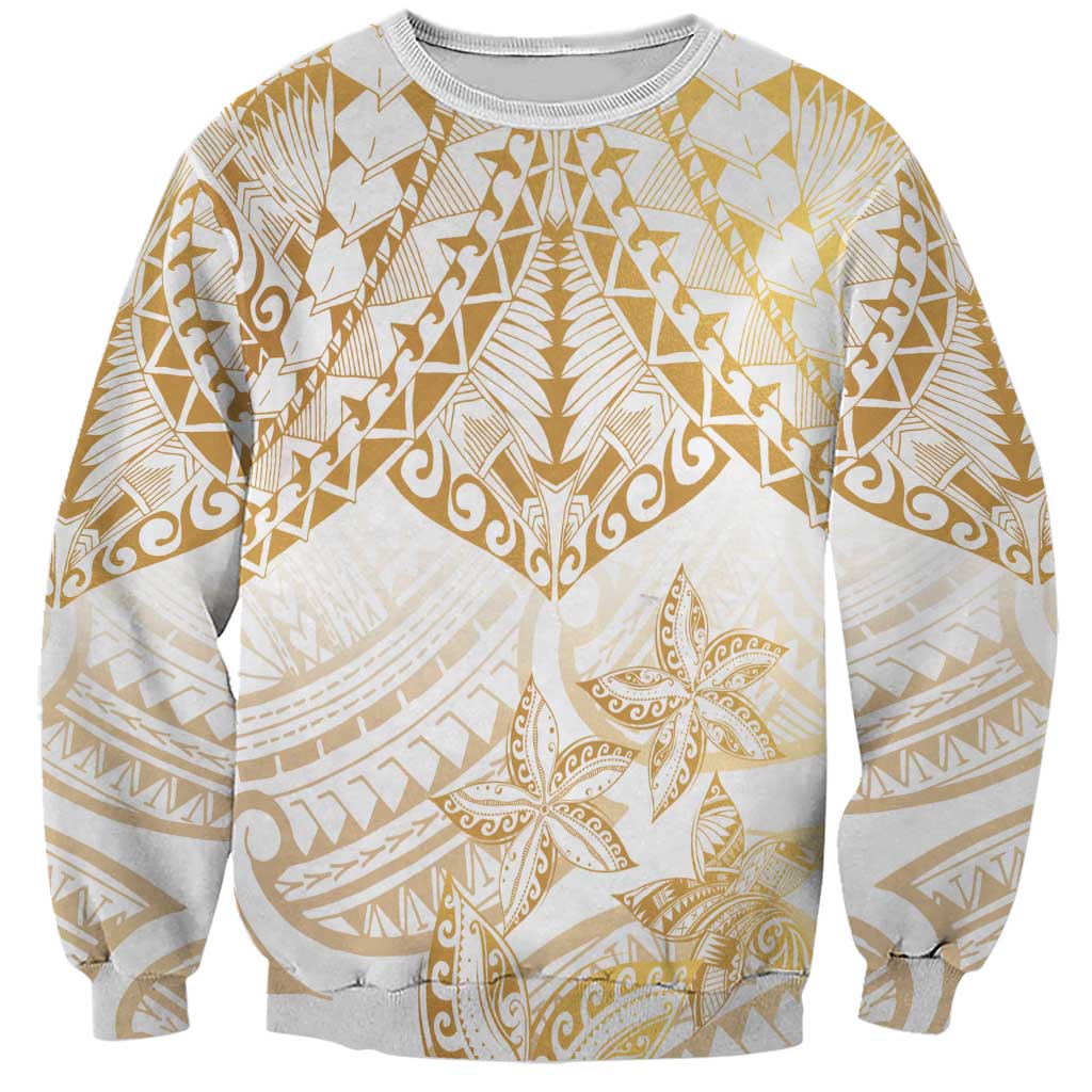 White and Gold Polynesia Sweatshirt Plumeria Tattoo With Polynesian Pattern