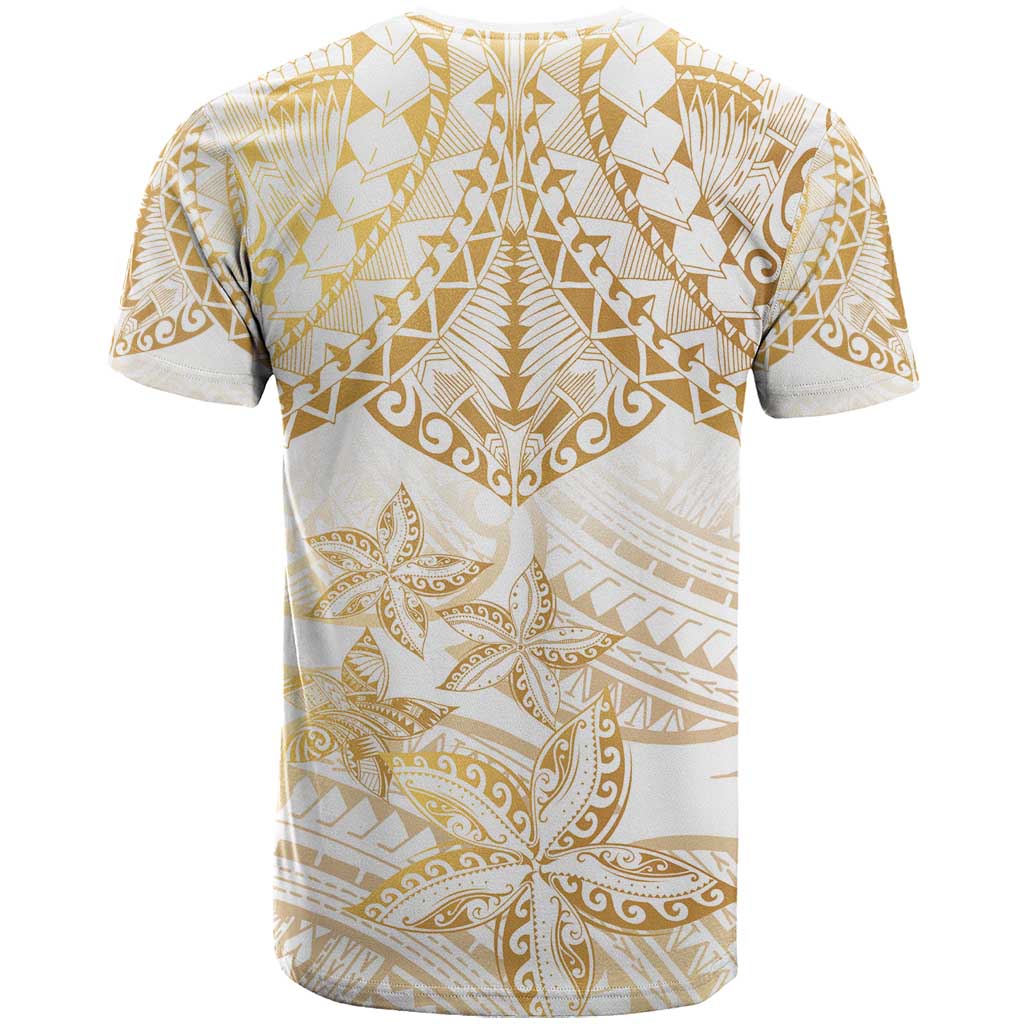 White and Gold Polynesia T Shirt Plumeria Tattoo With Polynesian Pattern
