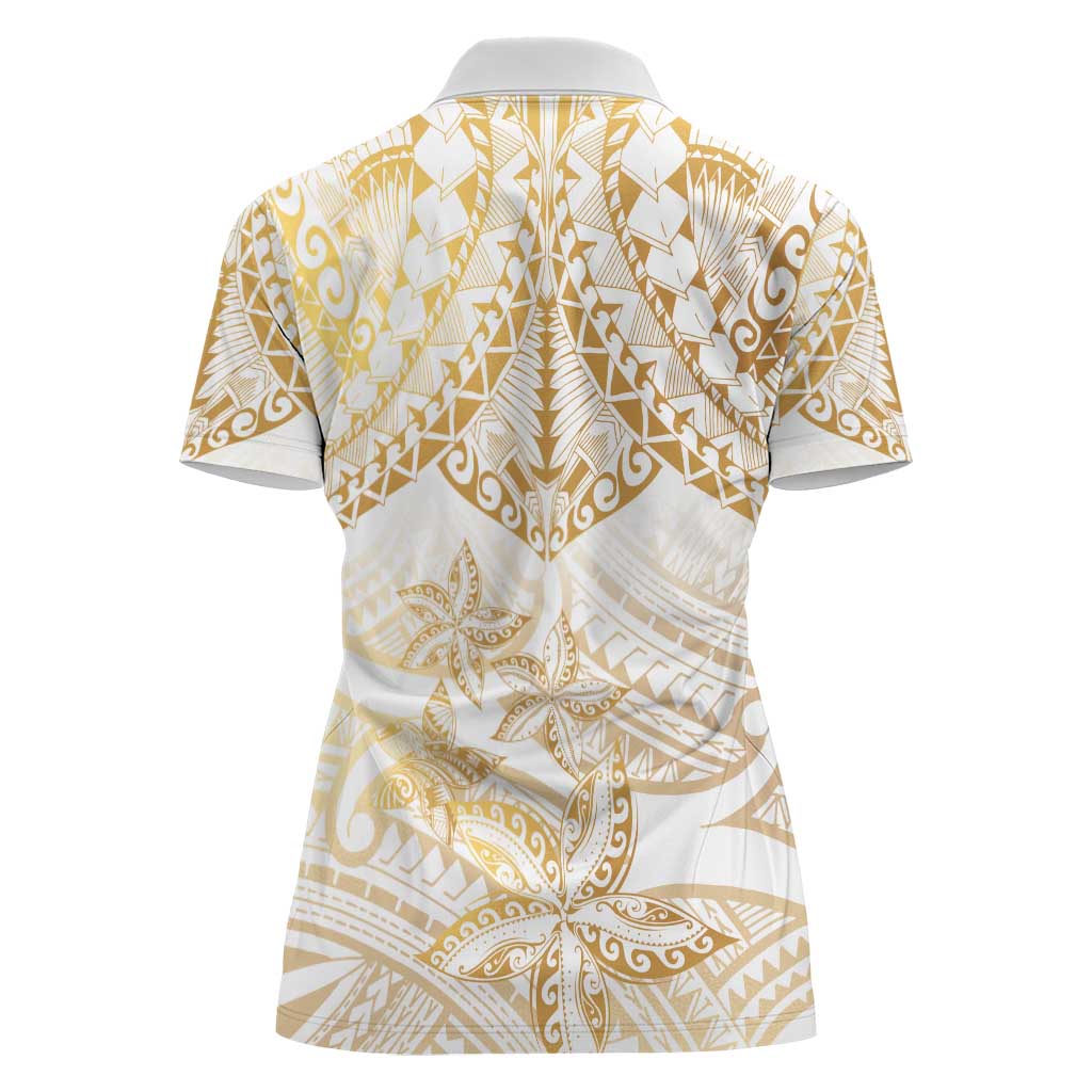 White and Gold Polynesia Women Polo Shirt Plumeria Tattoo With Polynesian Pattern