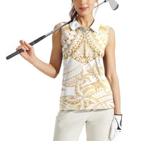 White and Gold Polynesia Women Sleeveless Polo Shirt Plumeria Tattoo With Polynesian Pattern
