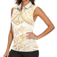 White and Gold Polynesia Women Sleeveless Polo Shirt Plumeria Tattoo With Polynesian Pattern