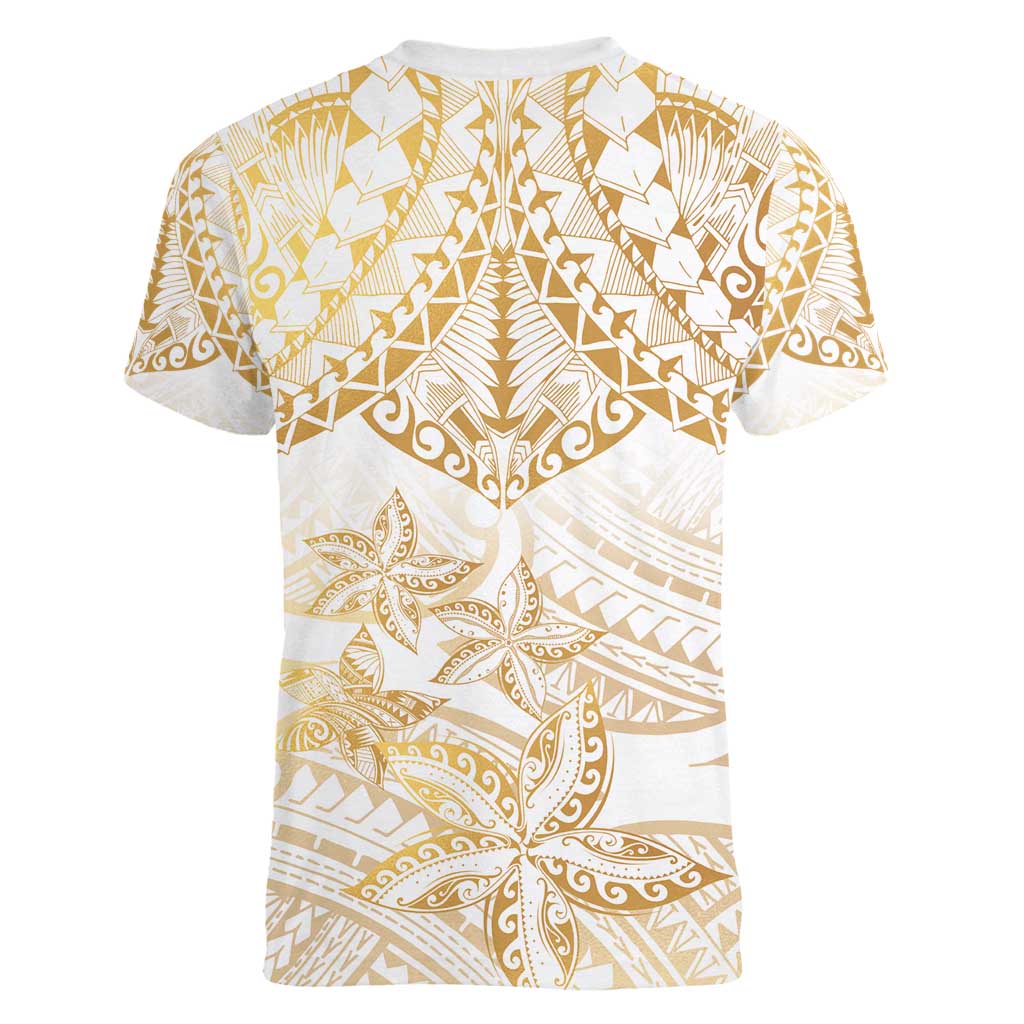 White and Gold Polynesia Women V-Neck T-Shirt Plumeria Tattoo With Polynesian Pattern