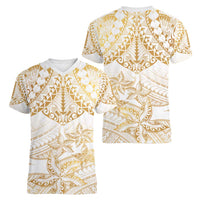 White and Gold Polynesia Women V-Neck T-Shirt Plumeria Tattoo With Polynesian Pattern