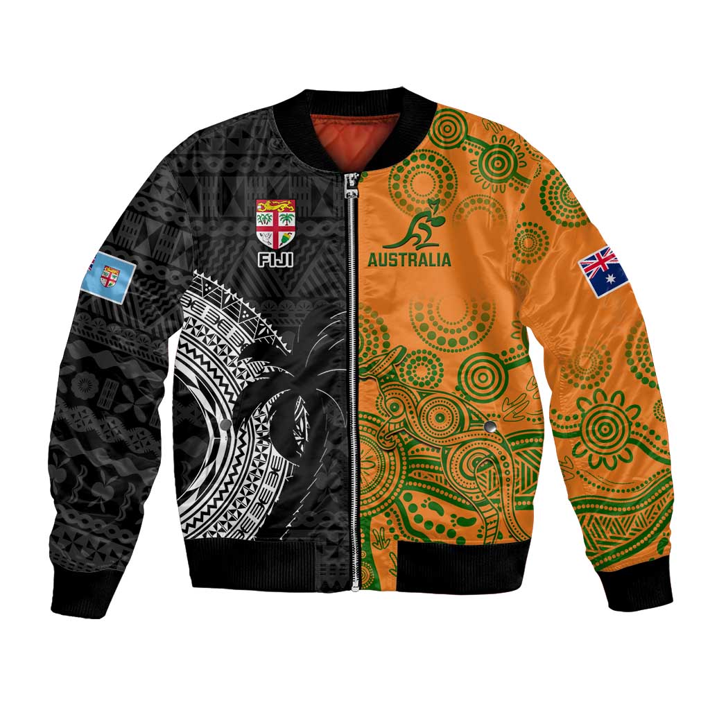 Custom Fiji And Australia Rugby Bomber Jacket Fijian Tapa Pattern With Aussie Aboriginal Art LT14 Unisex Black - Polynesian Pride