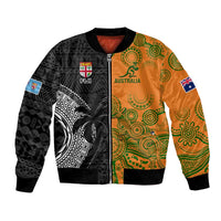 Custom Fiji And Australia Rugby Bomber Jacket Fijian Tapa Pattern With Aussie Aboriginal Art LT14 Unisex Black - Polynesian Pride