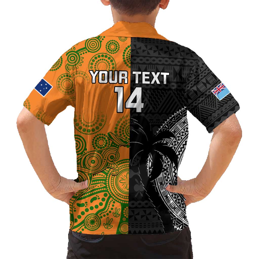 Custom Fiji And Australia Rugby Family Matching Long Sleeve Bodycon Dress and Hawaiian Shirt Fijian Tapa Pattern With Aussie Aboriginal Art