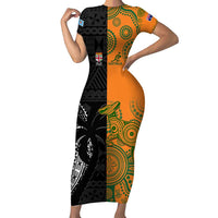 Custom Fiji And Australia Rugby Family Matching Short Sleeve Bodycon Dress and Hawaiian Shirt Fijian Tapa Pattern With Aussie Aboriginal Art
