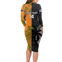 Custom Fiji And Australia Rugby Long Sleeve Bodycon Dress Fijian Tapa Pattern With Aussie Aboriginal Art