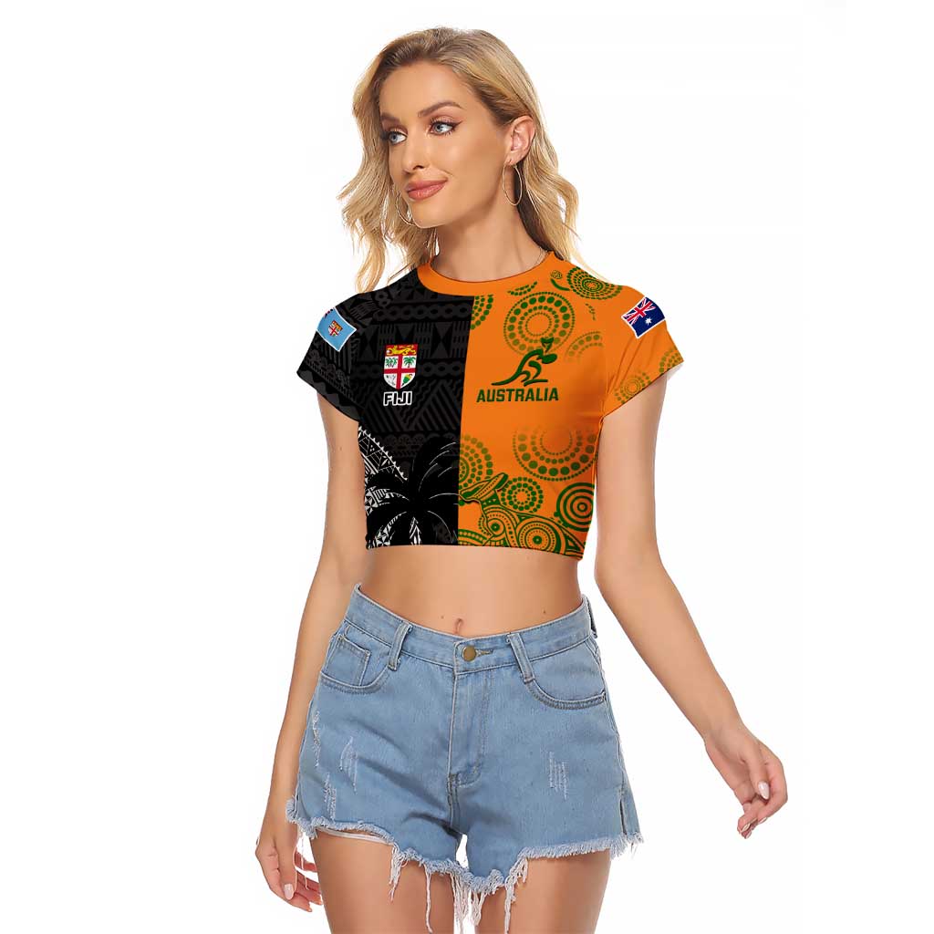 Custom Fiji And Australia Rugby Raglan Cropped T Shirt Fijian Tapa Pattern With Aussie Aboriginal Art LT14 Female Black - Polynesian Pride