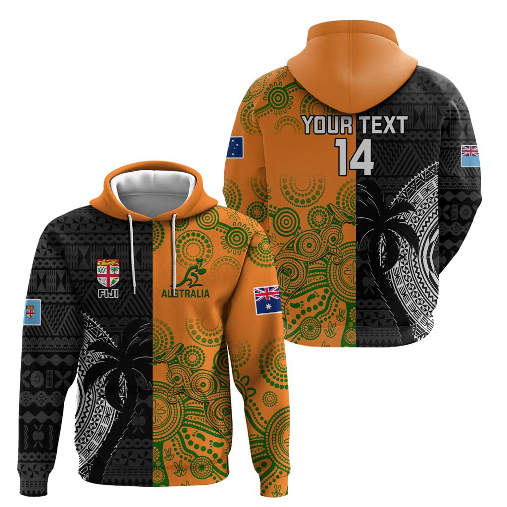 Custom Fiji And Australia Rugby Zip Hoodie Fijian Tapa Pattern With Aussie Aboriginal Art