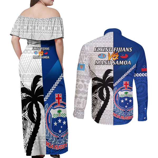 Fiji Rugby Couples Matching Summer Maxi Dress and Long Sleeve Button Shirts World Cup 2023 Go Champions Fijian Tapa Blue Version LT14 main image 0