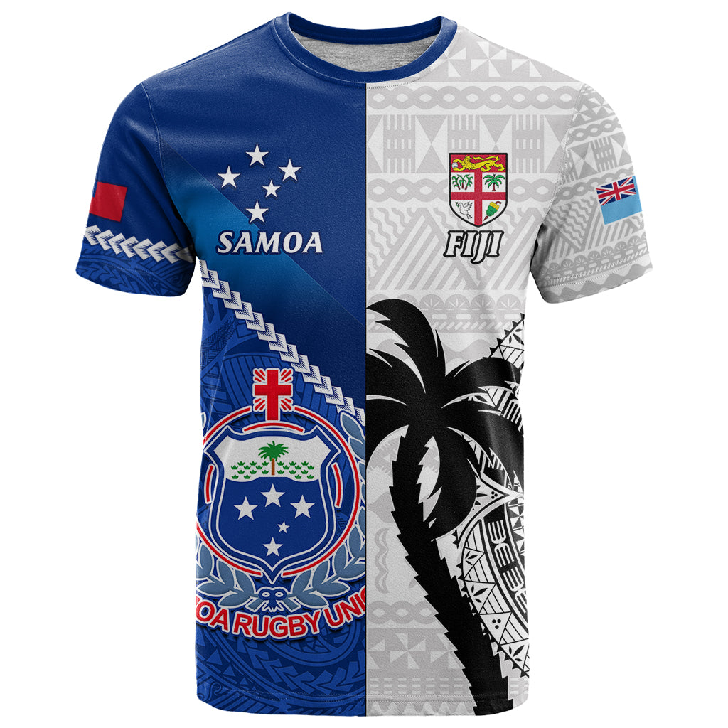 Fiji And Samoa Rugby T Shirt 2023 World Cup Samoan Mix Tapa Pattern LT14 Blue - Polynesian Pride