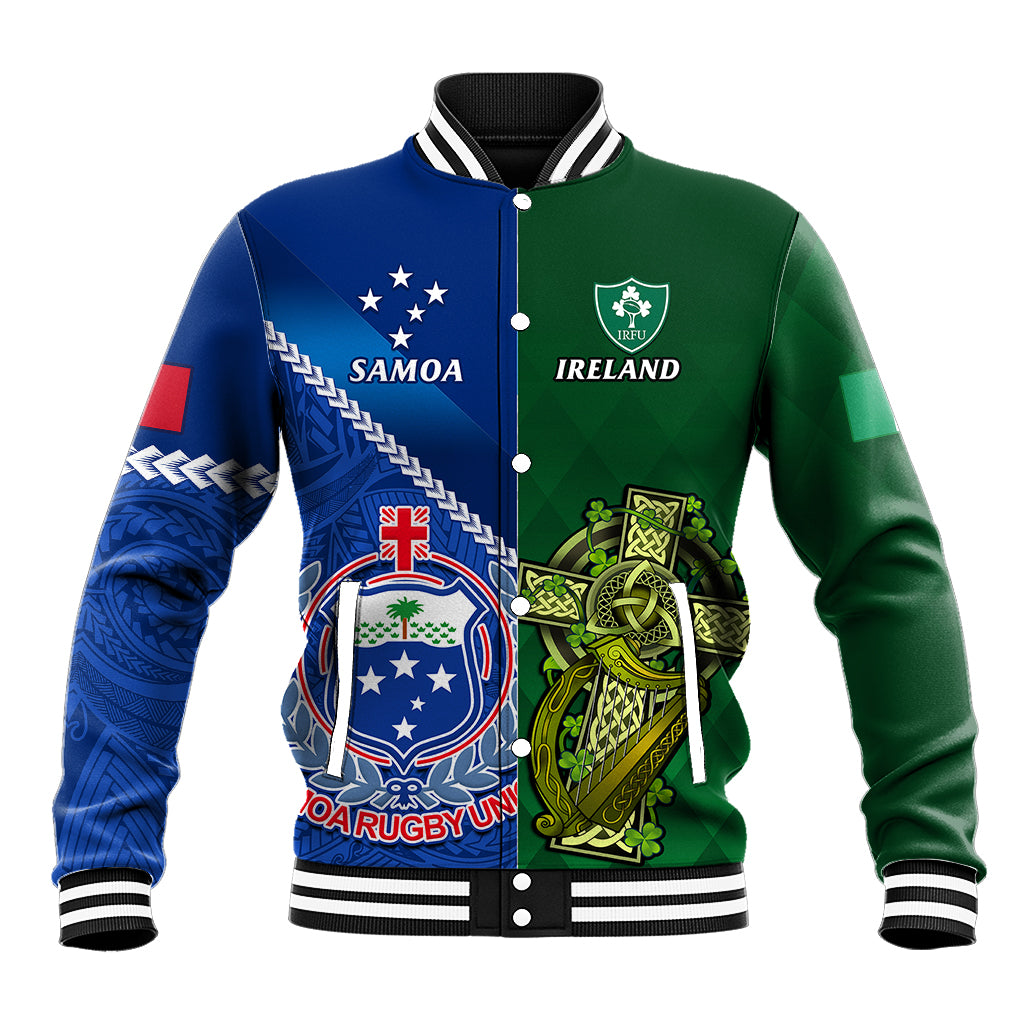 Samoa And Ireland Rugby Baseball Jacket 2023 World Cup Manu Samoa With Shamrocks LT14 Unisex Blue - Polynesian Pride