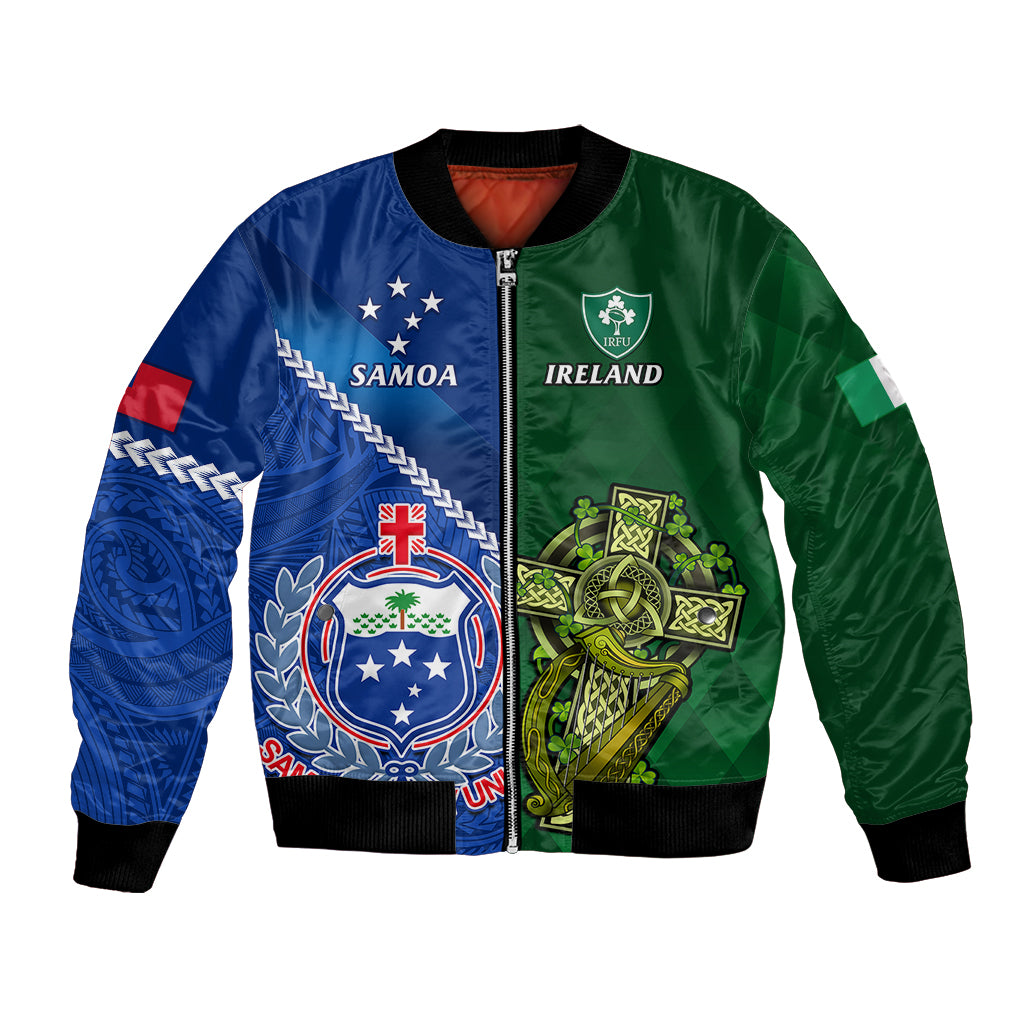Samoa And Ireland Rugby Bomber Jacket 2023 World Cup Manu Samoa With Shamrocks LT14 Unisex Blue - Polynesian Pride