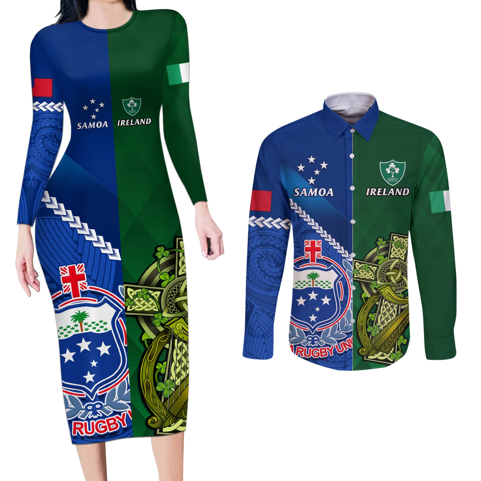 Samoa And Ireland Rugby Couples Matching Long Sleeve Bodycon Dress and Long Sleeve Button Shirts 2023 World Cup Manu Samoa With Shamrocks LT14 Blue - Polynesian Pride