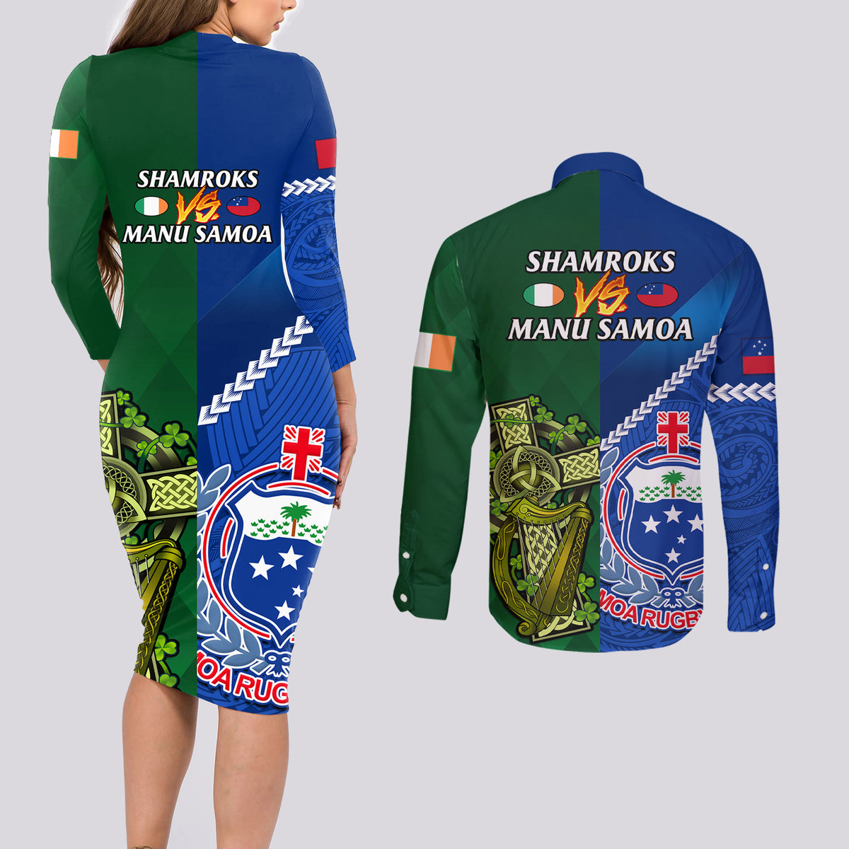 samoa-and-ireland-rugby-couples-matching-long-sleeve-bodycon-dress-and-long-sleeve-button-shirts-2023-world-cup-manu-samoa-with-shamrocks