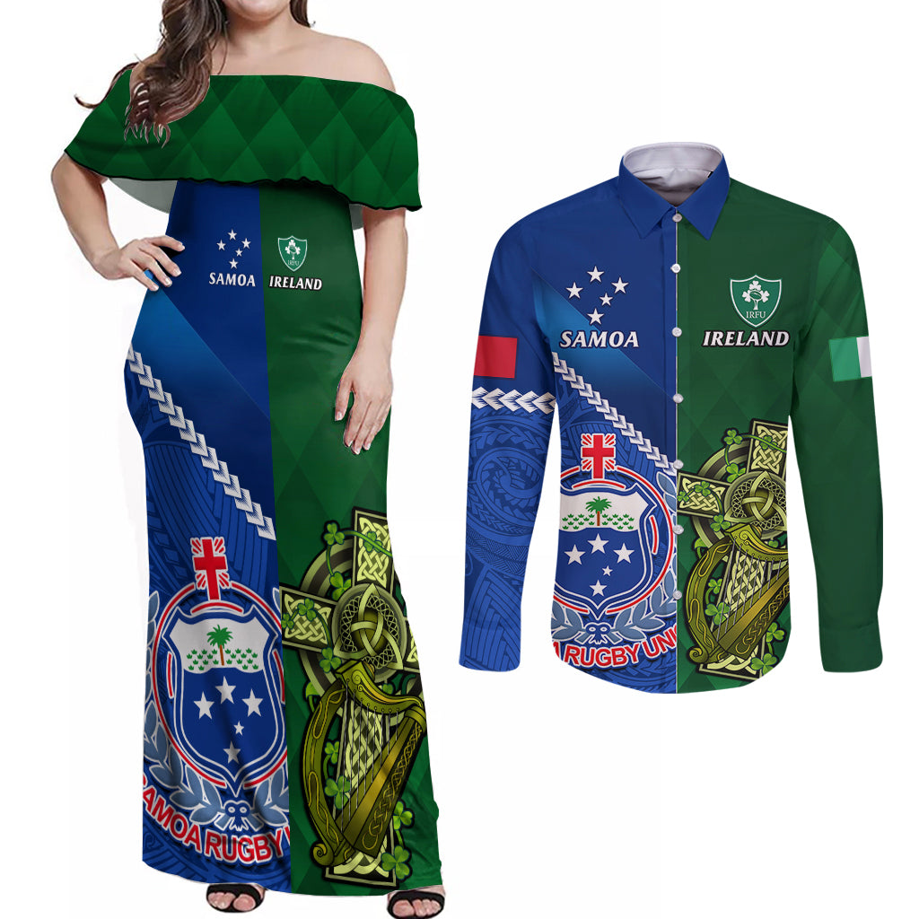 Samoa And Ireland Rugby Couples Matching Off Shoulder Maxi Dress and Long Sleeve Button Shirts 2023 World Cup Manu Samoa With Shamrocks LT14 Blue - Polynesian Pride