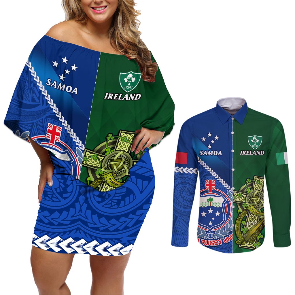 Samoa And Ireland Rugby Couples Matching Off Shoulder Short Dress and Long Sleeve Button Shirts 2023 World Cup Manu Samoa With Shamrocks LT14 Blue - Polynesian Pride