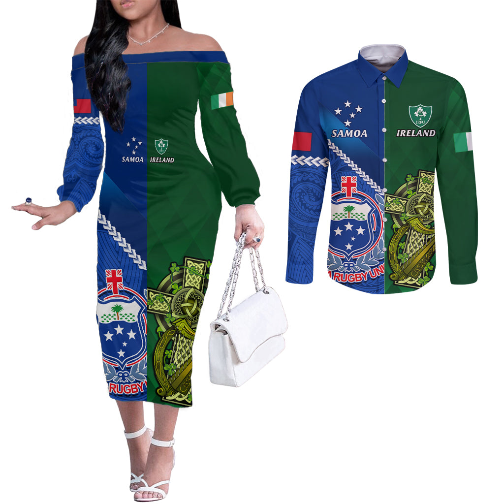 Samoa And Ireland Rugby Couples Matching Off The Shoulder Long Sleeve Dress and Long Sleeve Button Shirts 2023 World Cup Manu Samoa With Shamrocks LT14 Blue - Polynesian Pride