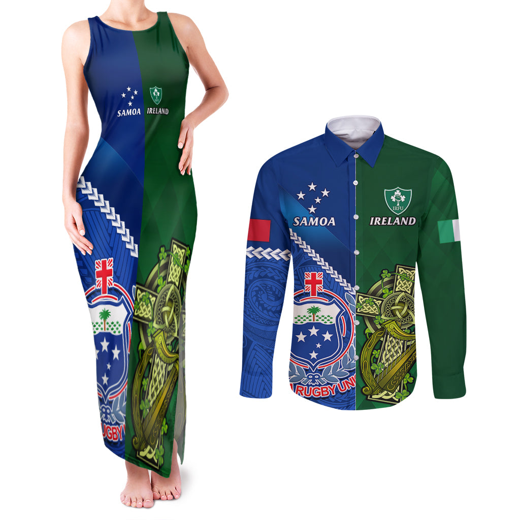 Samoa And Ireland Rugby Couples Matching Tank Maxi Dress and Long Sleeve Button Shirts 2023 World Cup Manu Samoa With Shamrocks LT14 Blue - Polynesian Pride