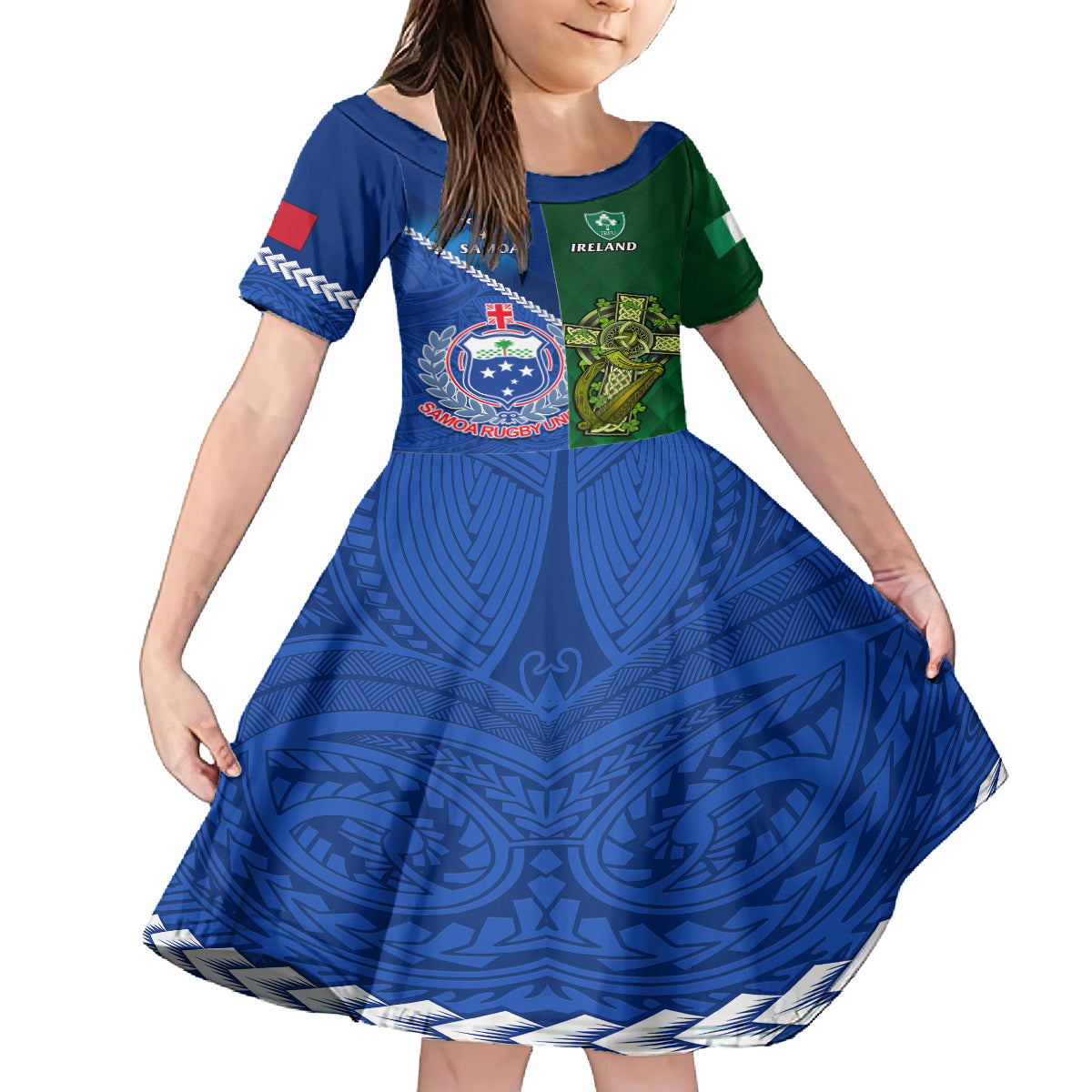Samoa And Ireland Rugby Family Matching Puletasi Dress and Hawaiian Shirt 2023 World Cup Manu Samoa With Shamrocks LT14 Daughter's Dress Blue - Polynesian Pride