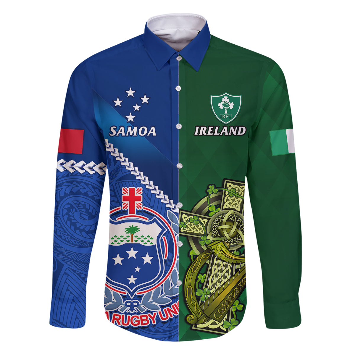 Samoa And Ireland Rugby Family Matching Puletasi Dress and Hawaiian Shirt 2023 World Cup Manu Samoa With Shamrocks LT14 Dad's Shirt - Long Sleeve Blue - Polynesian Pride