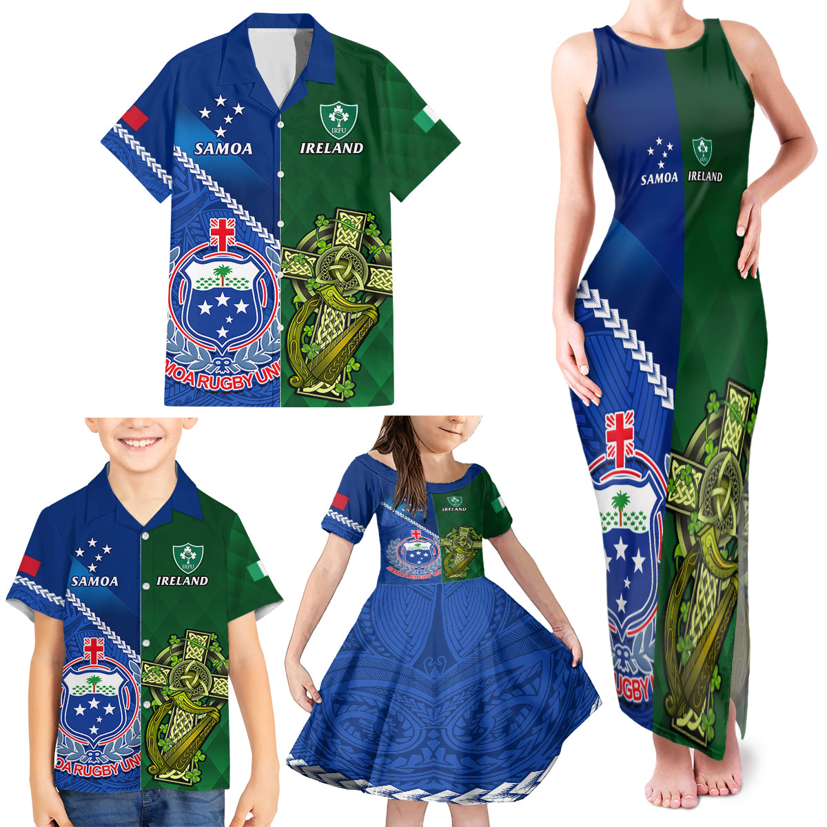 Samoa And Ireland Rugby Family Matching Tank Maxi Dress and Hawaiian Shirt 2023 World Cup Manu Samoa With Shamrocks LT14 - Polynesian Pride
