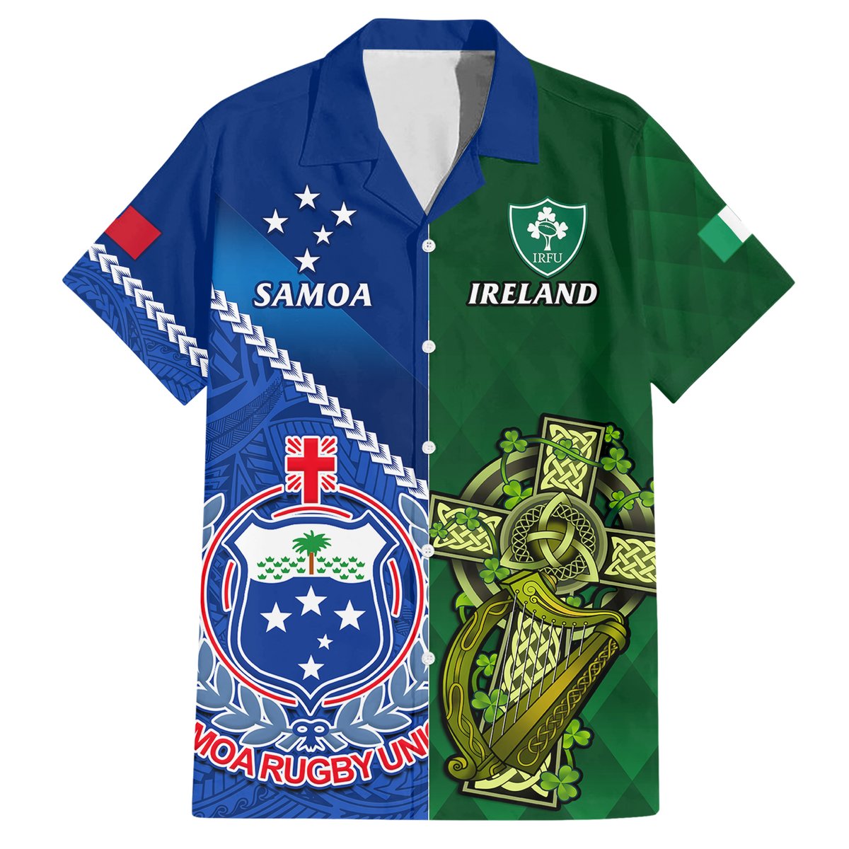 Samoa And Ireland Rugby Hawaiian Shirt 2023 World Cup Manu Samoa With Shamrocks LT14 Blue - Polynesian Pride