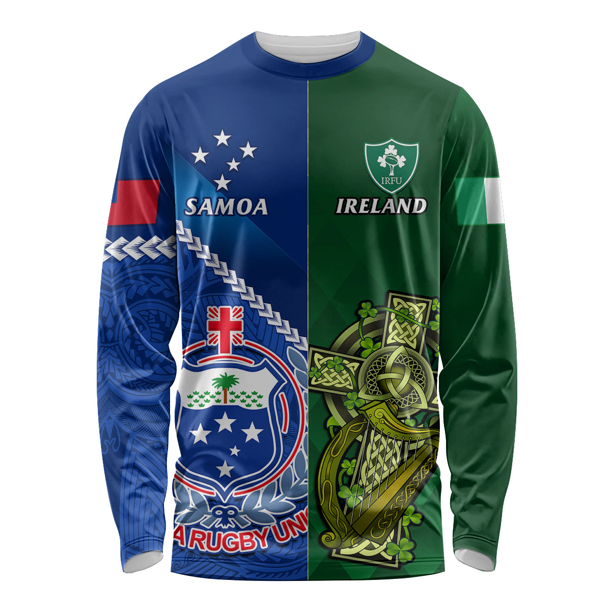 Samoa And Ireland Rugby Long Sleeve Shirt 2023 World Cup Manu Samoa With Shamrocks LT14 Unisex Blue - Polynesian Pride