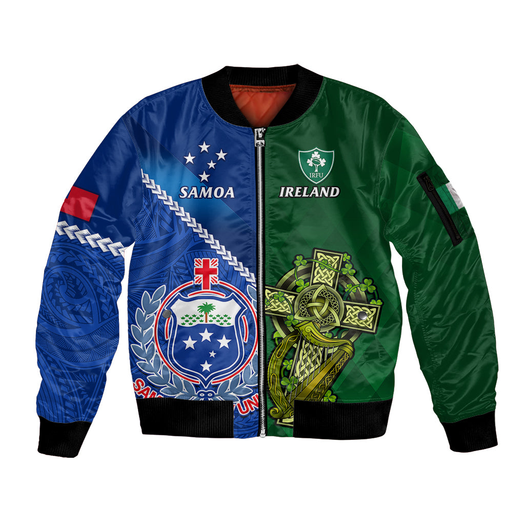 Samoa And Ireland Rugby Sleeve Zip Bomber Jacket 2023 World Cup Manu Samoa With Shamrocks LT14 Unisex Blue - Polynesian Pride