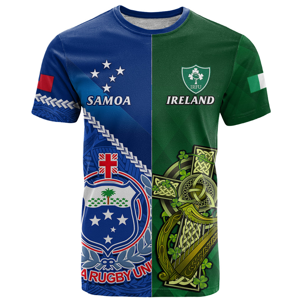 Samoa And Ireland Rugby T Shirt 2023 World Cup Manu Samoa With Shamrocks LT14 Blue - Polynesian Pride