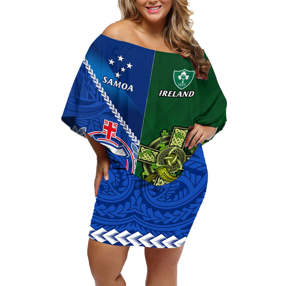 custom-samoa-and-ireland-rugby-family-matching-off-shoulder-short-dress-and-hawaiian-shirt-2023-world-cup-manu-samoa-with-shamrocks