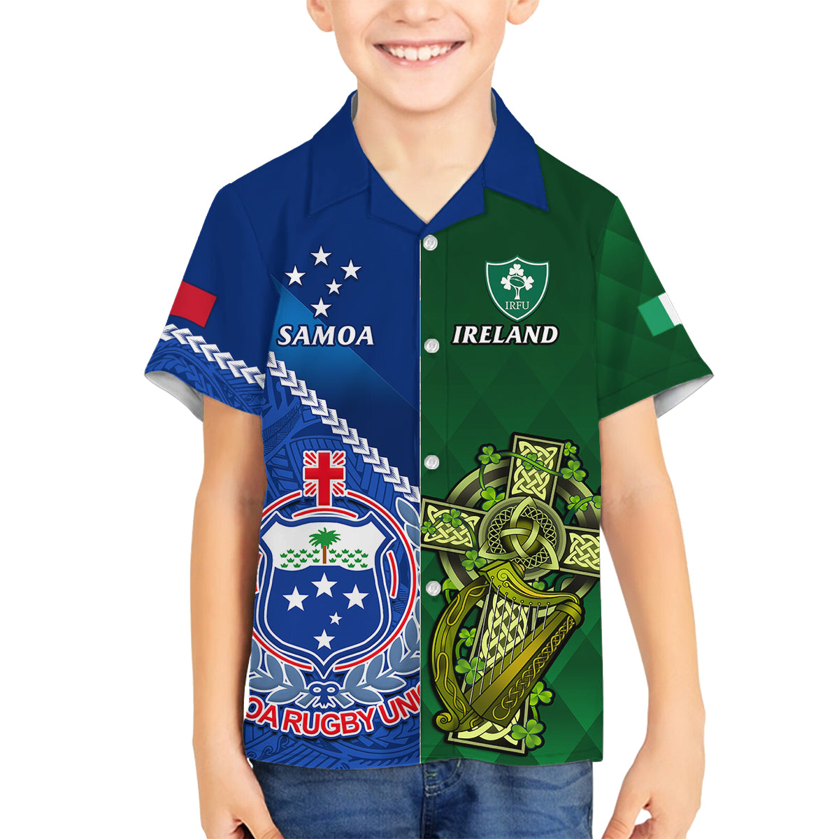 custom-samoa-and-ireland-rugby-family-matching-off-shoulder-short-dress-and-hawaiian-shirt-2023-world-cup-manu-samoa-with-shamrocks
