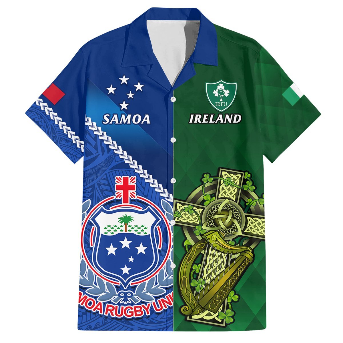 Custom Samoa And Ireland Rugby Hawaiian Shirt 2023 World Cup Manu Samoa With Shamrocks LT14 Blue - Polynesian Pride