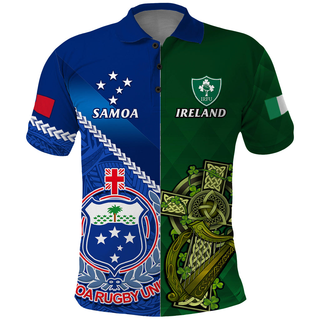 Custom Samoa And Ireland Rugby Polo Shirt 2023 World Cup Manu Samoa With Shamrocks LT14 Blue - Polynesian Pride