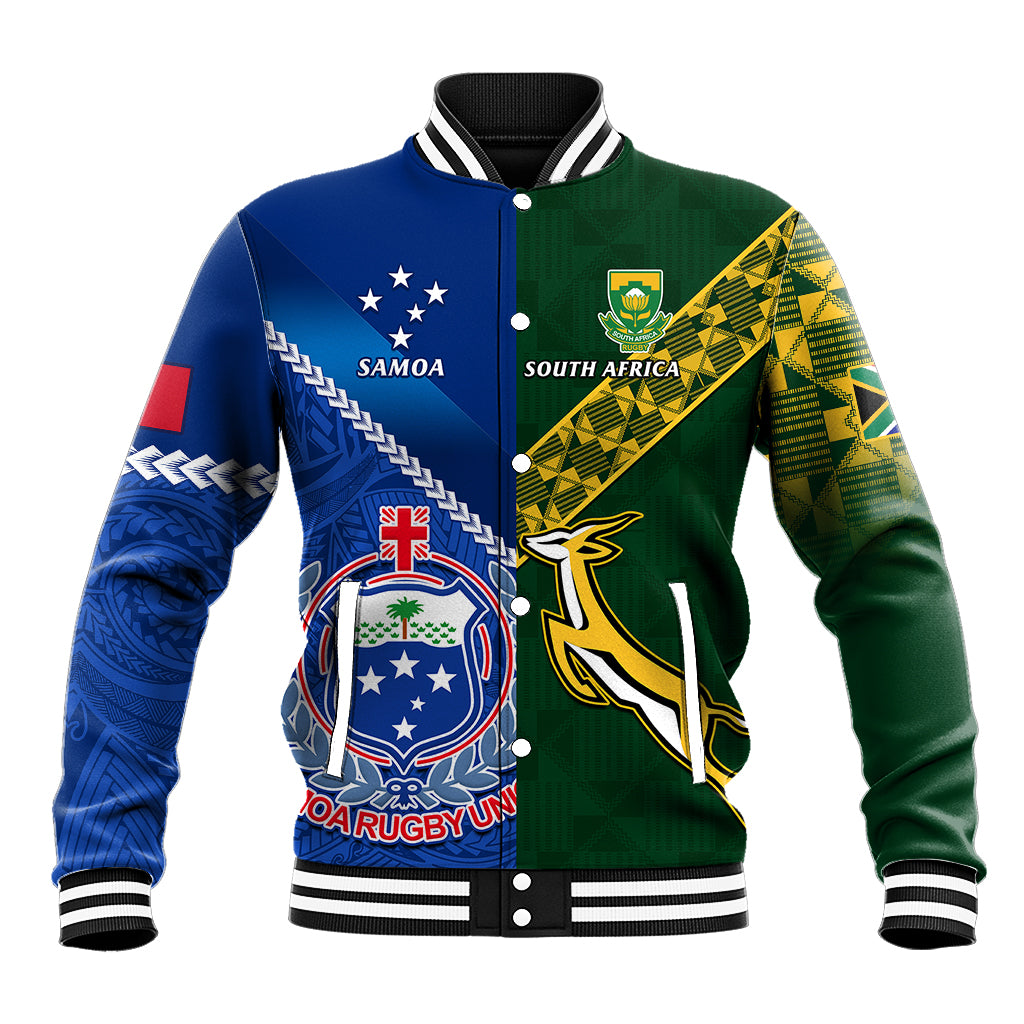 Samoa And South Africa Rugby Baseball Jacket 2023 World Cup Manu Samoa With Springboks LT14 Unisex Blue - Polynesian Pride