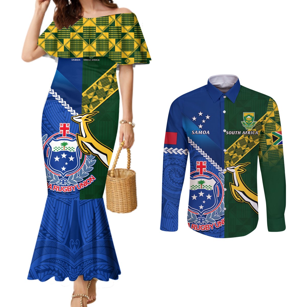 Samoa And South Africa Rugby Couples Matching Mermaid Dress and Long Sleeve Button Shirts 2023 World Cup Manu Samoa With Springboks LT14 Blue - Polynesian Pride