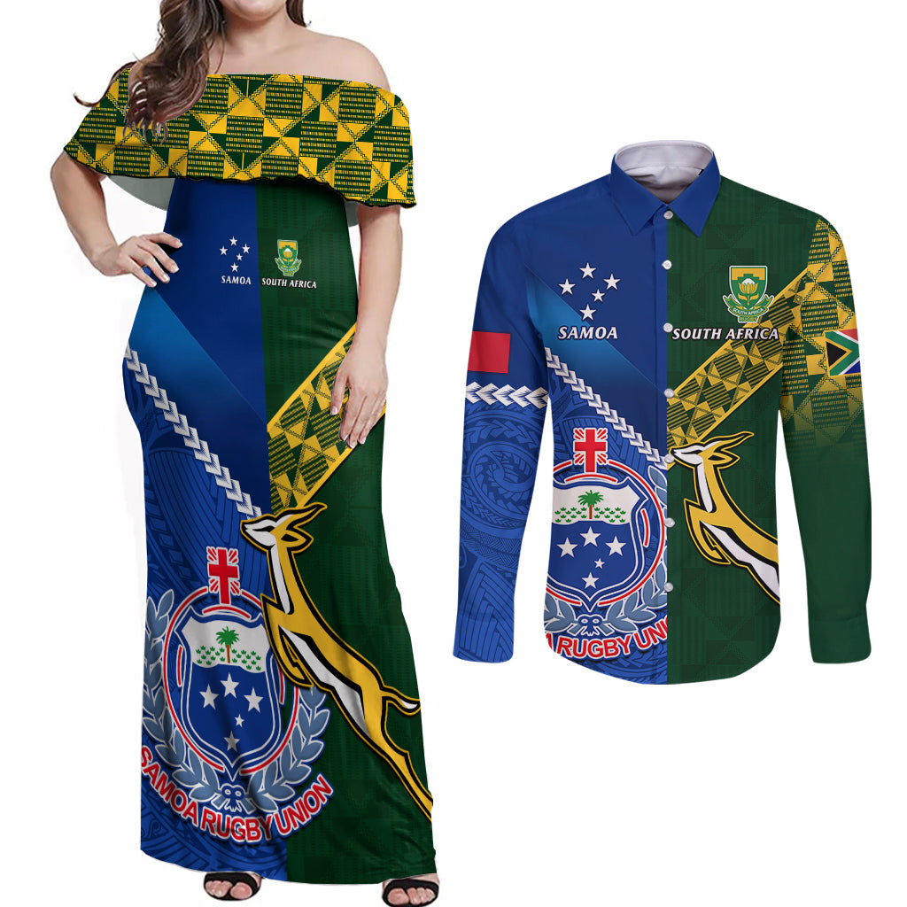 Samoa And South Africa Rugby Couples Matching Off Shoulder Maxi Dress and Long Sleeve Button Shirts 2023 World Cup Manu Samoa With Springboks LT14 Blue - Polynesian Pride