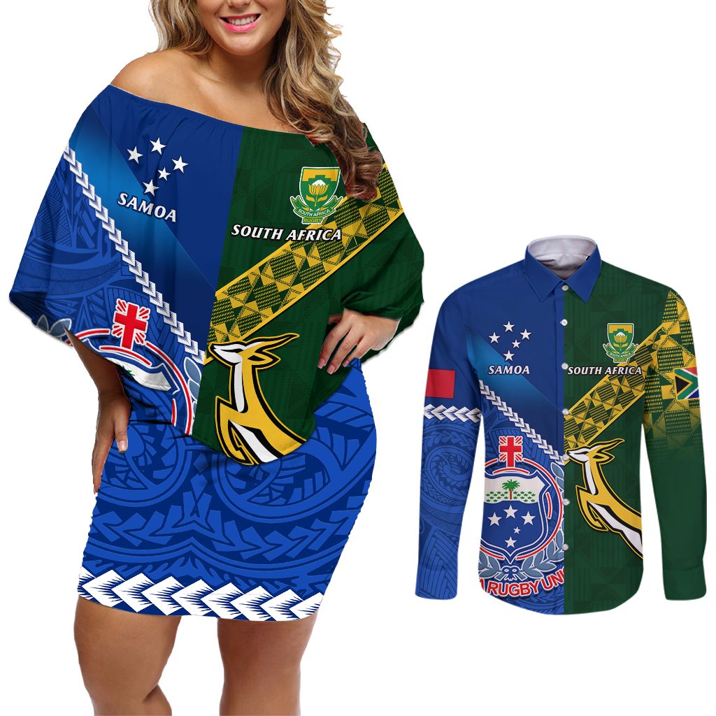 Samoa And South Africa Rugby Couples Matching Off Shoulder Short Dress and Long Sleeve Button Shirts 2023 World Cup Manu Samoa With Springboks LT14 Blue - Polynesian Pride