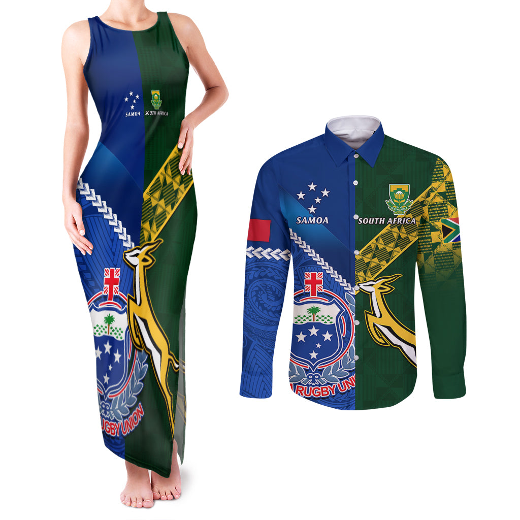 Samoa And South Africa Rugby Couples Matching Tank Maxi Dress and Long Sleeve Button Shirts 2023 World Cup Manu Samoa With Springboks LT14 Blue - Polynesian Pride