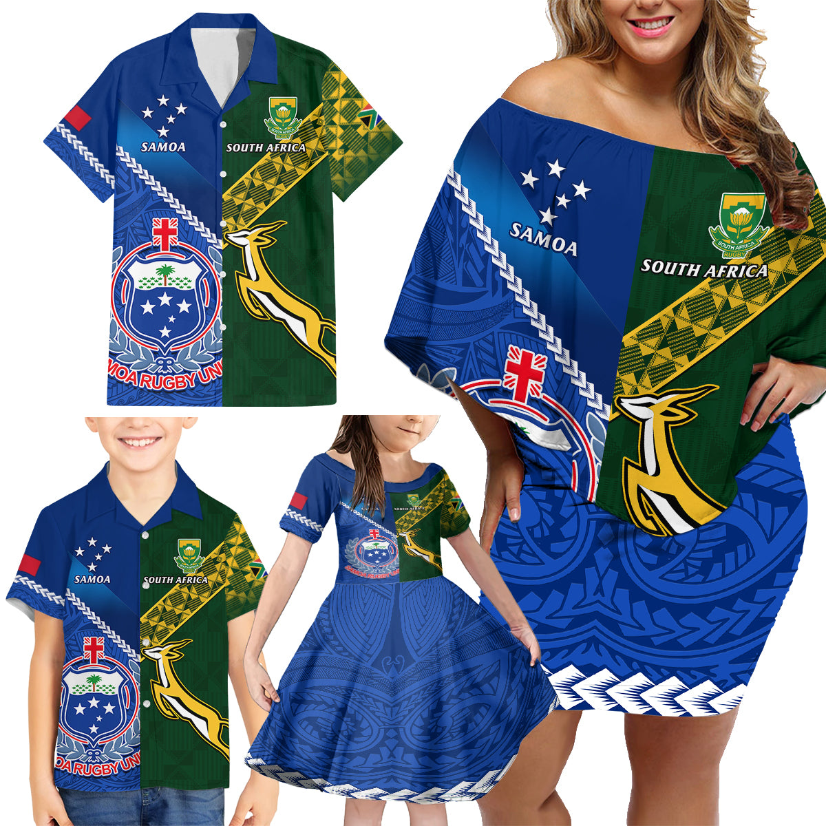 Samoa And South Africa Rugby Family Matching Off Shoulder Short Dress and Hawaiian Shirt 2023 World Cup Manu Samoa With Springboks LT14 - Polynesian Pride