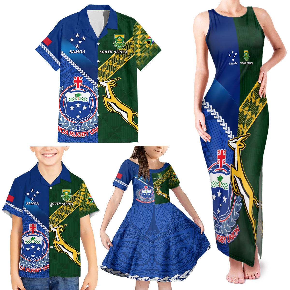 Samoa And South Africa Rugby Family Matching Tank Maxi Dress and Hawaiian Shirt 2023 World Cup Manu Samoa With Springboks LT14 - Polynesian Pride