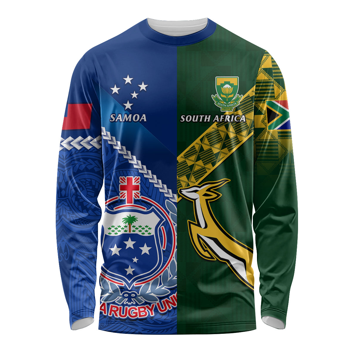 Samoa And South Africa Rugby Long Sleeve Shirt 2023 World Cup Manu Samoa With Springboks LT14 Unisex Blue - Polynesian Pride