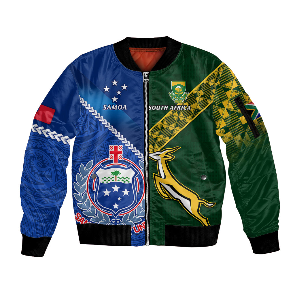 Samoa And South Africa Rugby Sleeve Zip Bomber Jacket 2023 World Cup Manu Samoa With Springboks LT14 Unisex Blue - Polynesian Pride