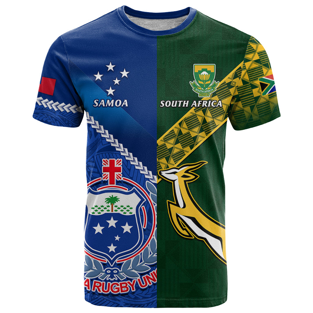 Samoa And South Africa Rugby T Shirt 2023 World Cup Manu Samoa With Springboks LT14 Blue - Polynesian Pride