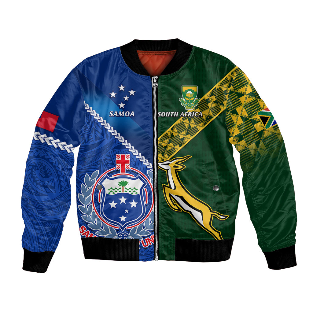 Custom Samoa And South Africa Rugby Bomber Jacket 2023 World Cup Manu Samoa With Springboks LT14 Unisex Blue - Polynesian Pride