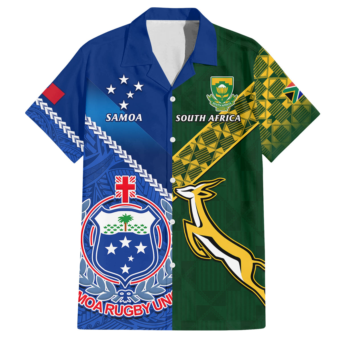 Custom Samoa And South Africa Rugby Family Matching Puletasi Dress and Hawaiian Shirt 2023 World Cup Manu Samoa With Springboks LT14 Dad's Shirt - Short Sleeve Blue - Polynesian Pride