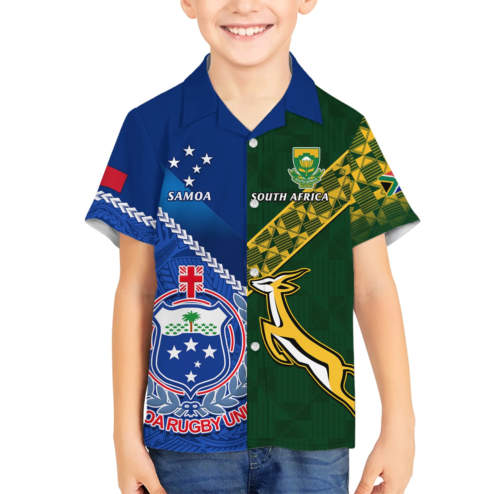 Custom Samoa And South Africa Rugby Kid Hawaiian Shirt 2023 World Cup Manu Samoa With Springboks LT14 Kid Blue - Polynesian Pride