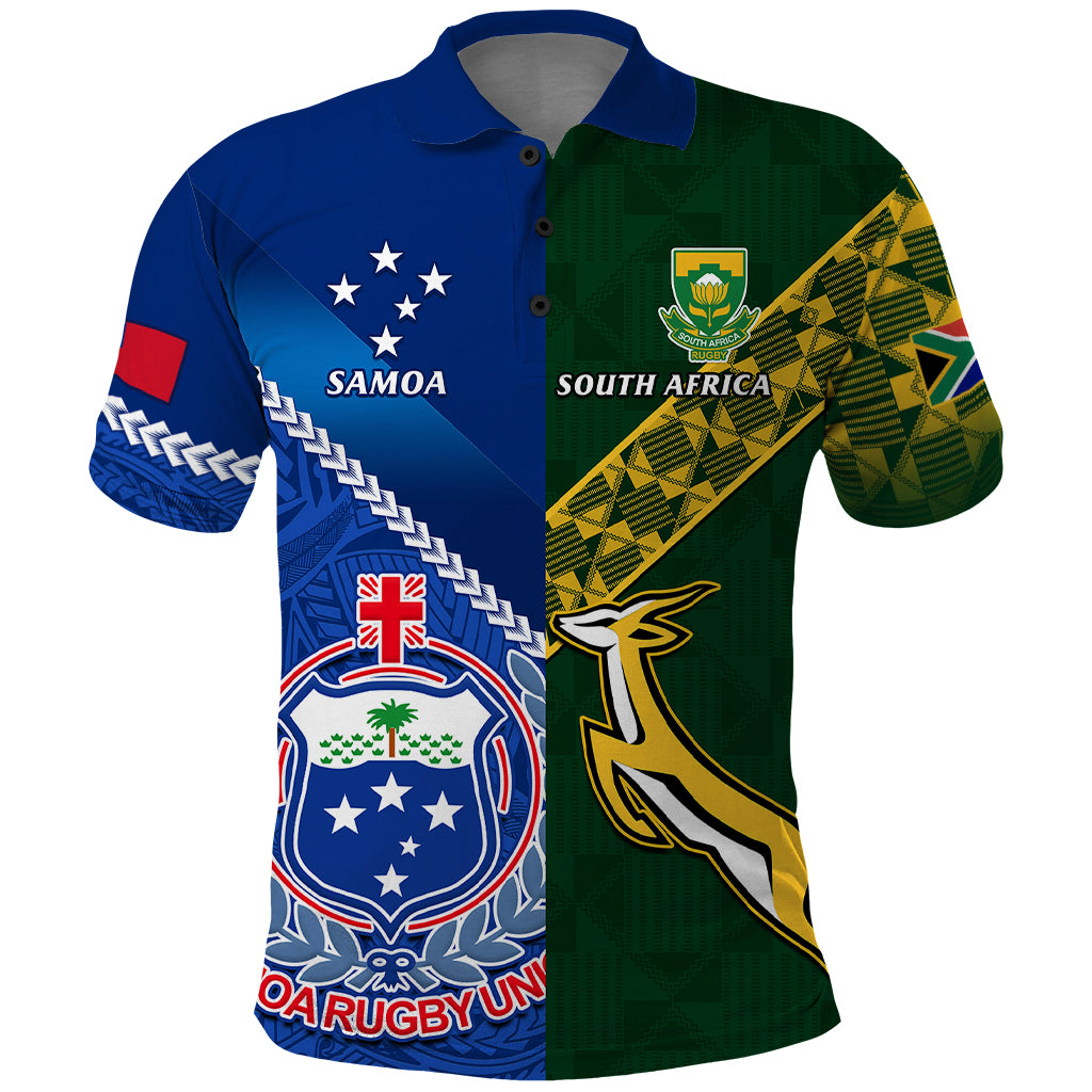 Custom Samoa And South Africa Rugby Polo Shirt 2023 World Cup Manu Samoa With Springboks LT14 Blue - Polynesian Pride